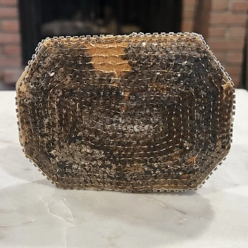 Vintage 1950s Sequin Evening Clutch Purse w/ Satin Lining & Mirror‎ – Bronze